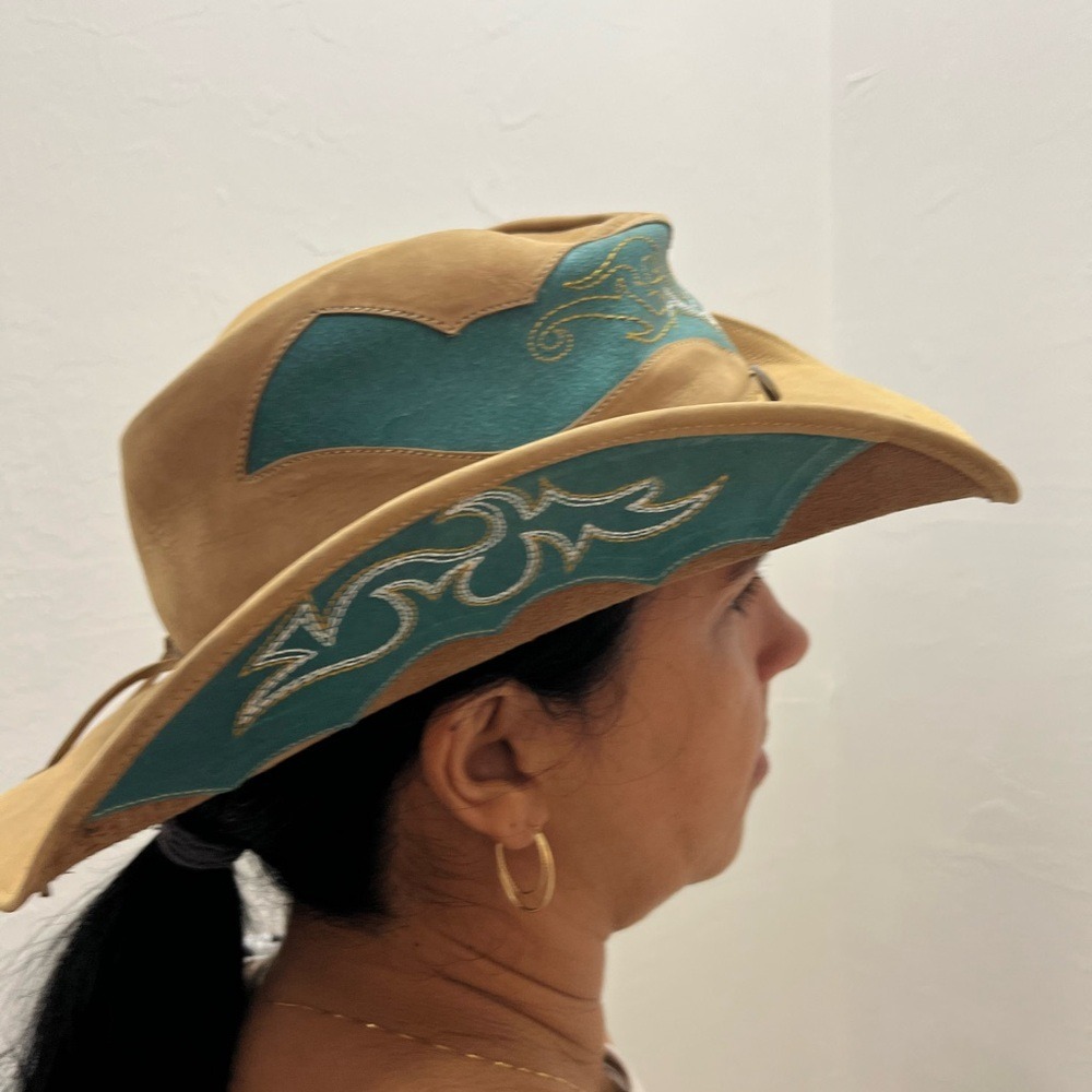 Austin Leather Dawn Cowboy Hat Tan Teal Suede Embroidery Western 15-012 USA Made